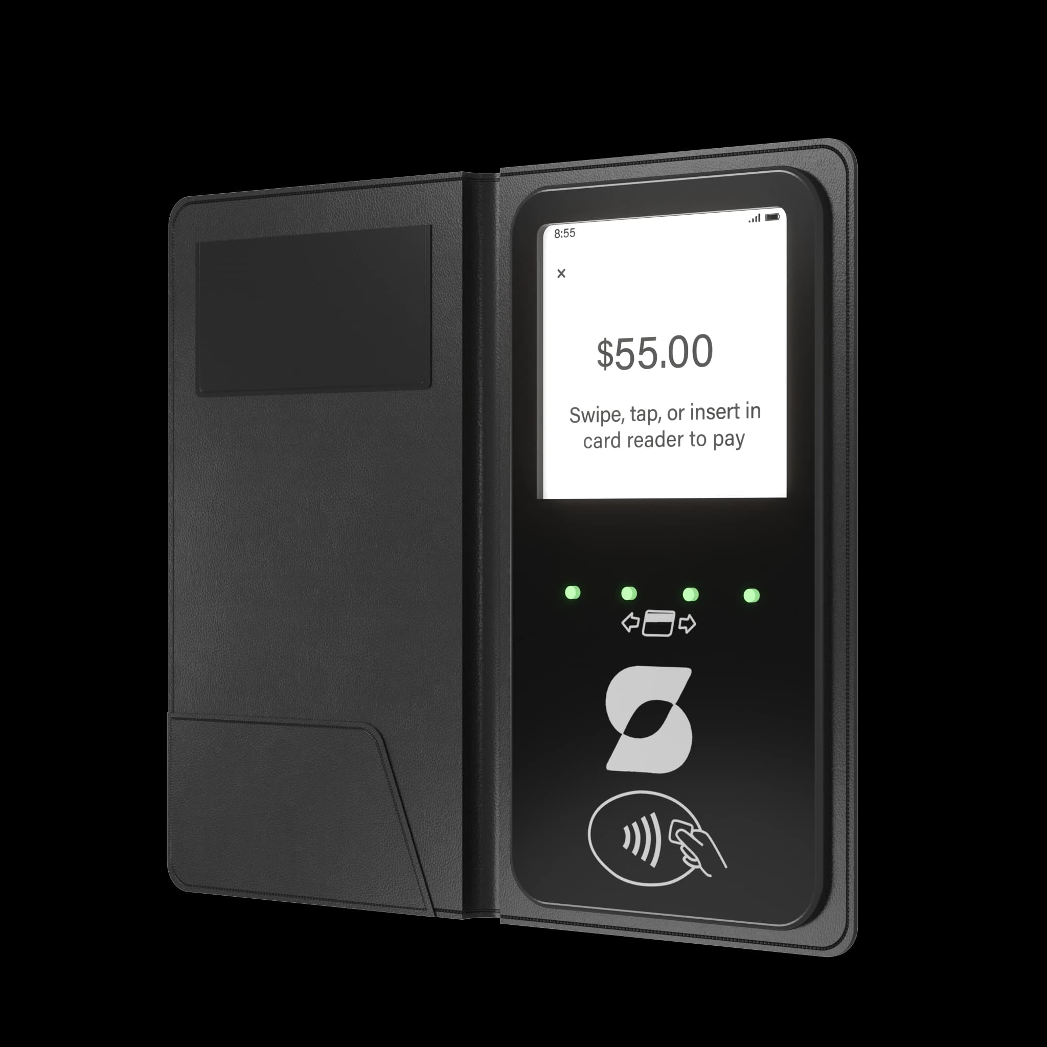 Sabal Pay card reader inside an open restaurant check presenter, showing a $55.00 total and the prompt to swipe, tap, or insert a card
