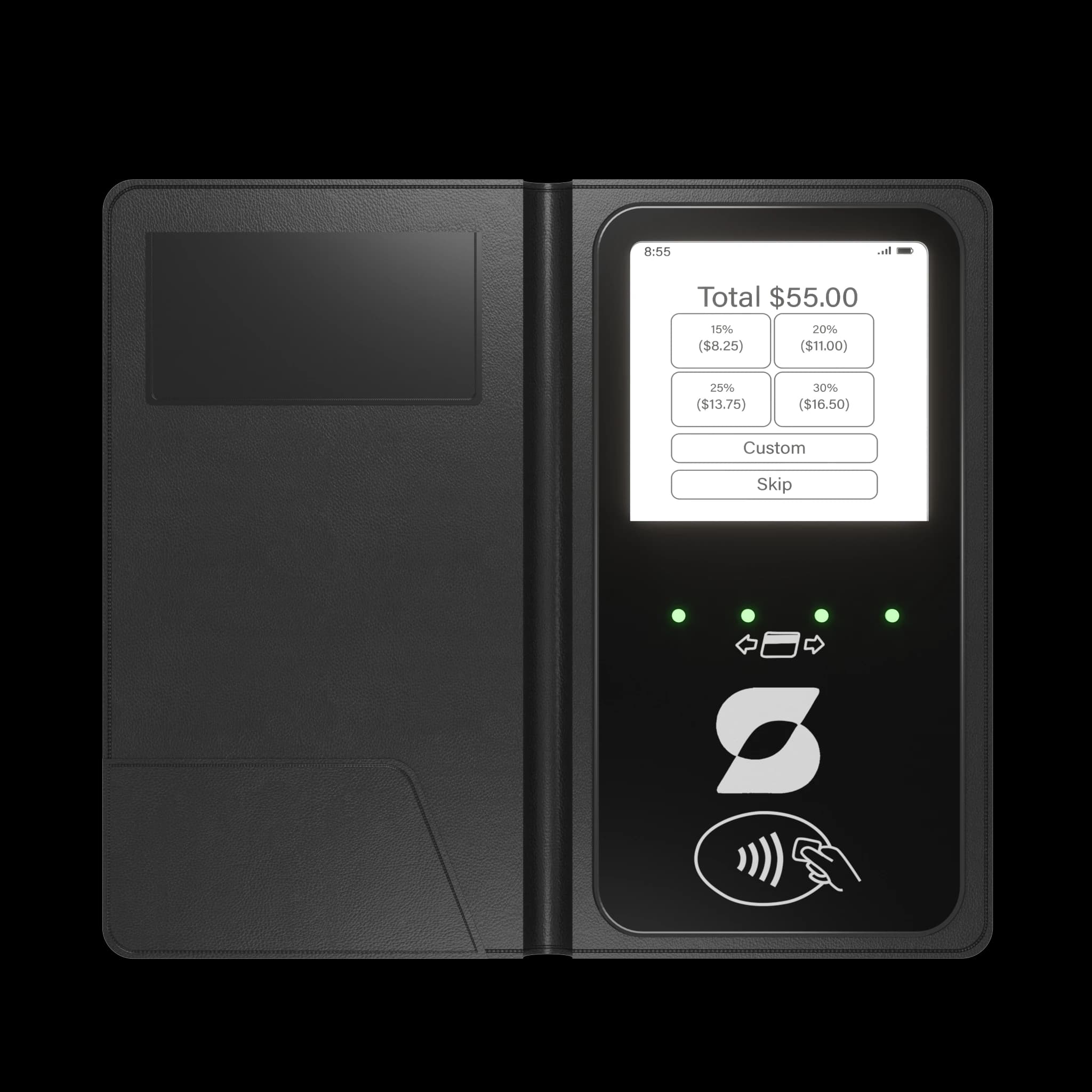Sabal Pay tipping screen for a $55.00 total with 15%, 20%, 25%, and 30% options, plus Custom and Skip
